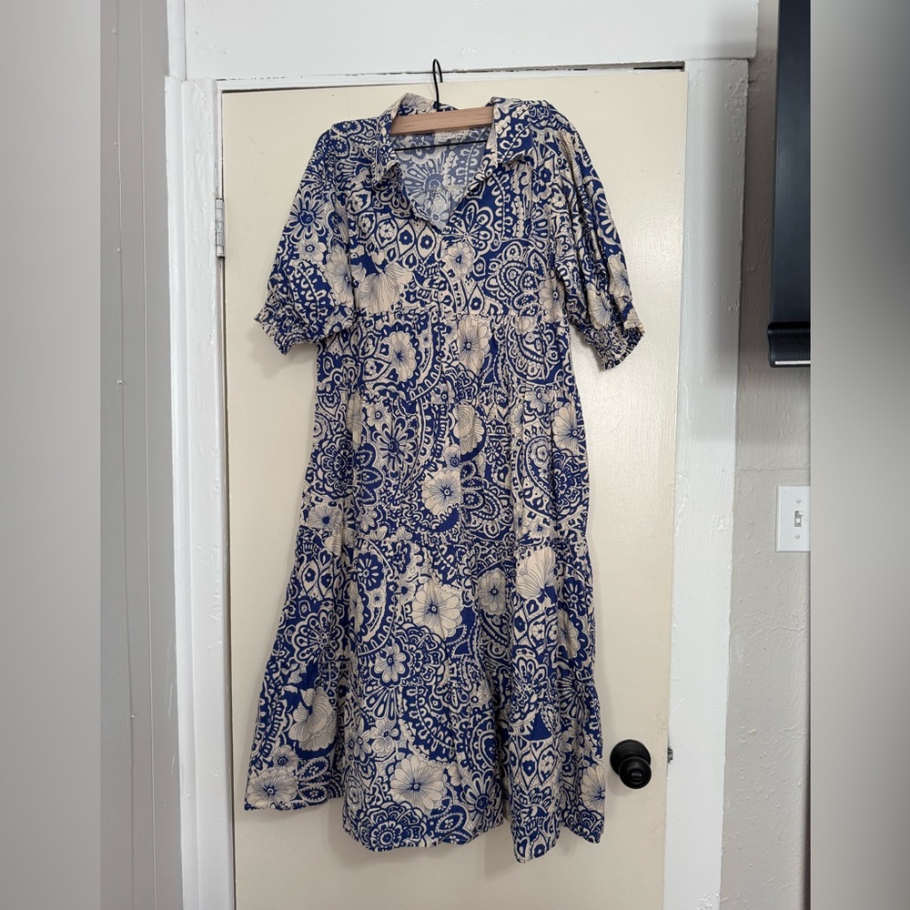 Umgee Navy and Beige Floral Midi Dress
